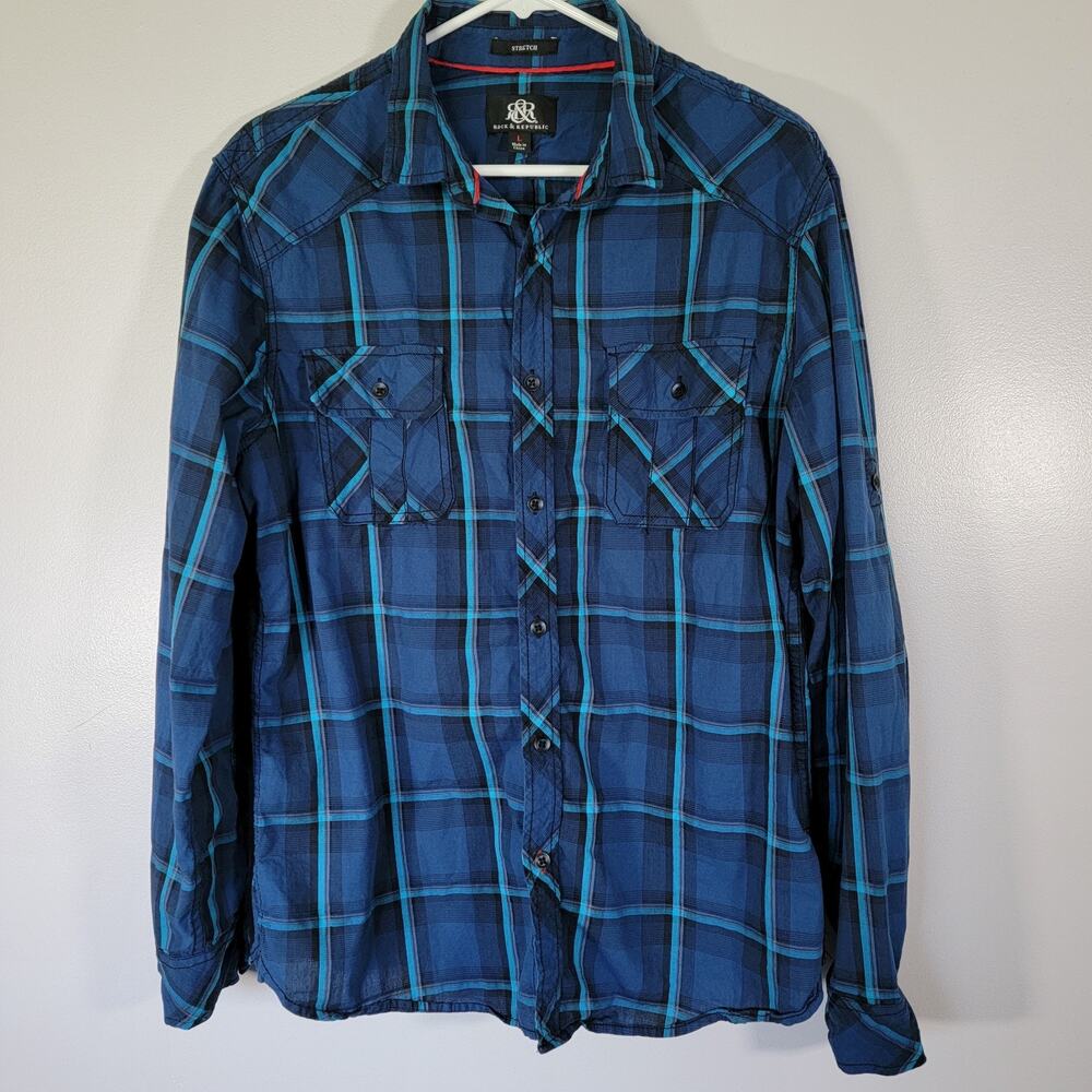 Rock & Republic Shirt Mens Sz L Blue Stretch Roll Tab Sleeves Western Rockabilly